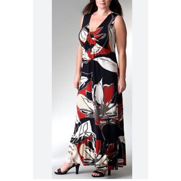 Lane Bryant Floral Maxi Dress Tiered Black Red Babydoll Slinky Stretch Sz 22/24 - Picture 1 of 9